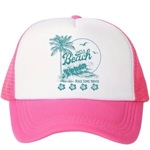 Cute Pink and White Trucker Hat with Life’s a Beach Graphic